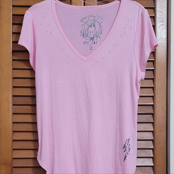 Betsey Johnson Tops - Betsey Johnson Pink Bedazzled V neck T-Shirt Sz Large